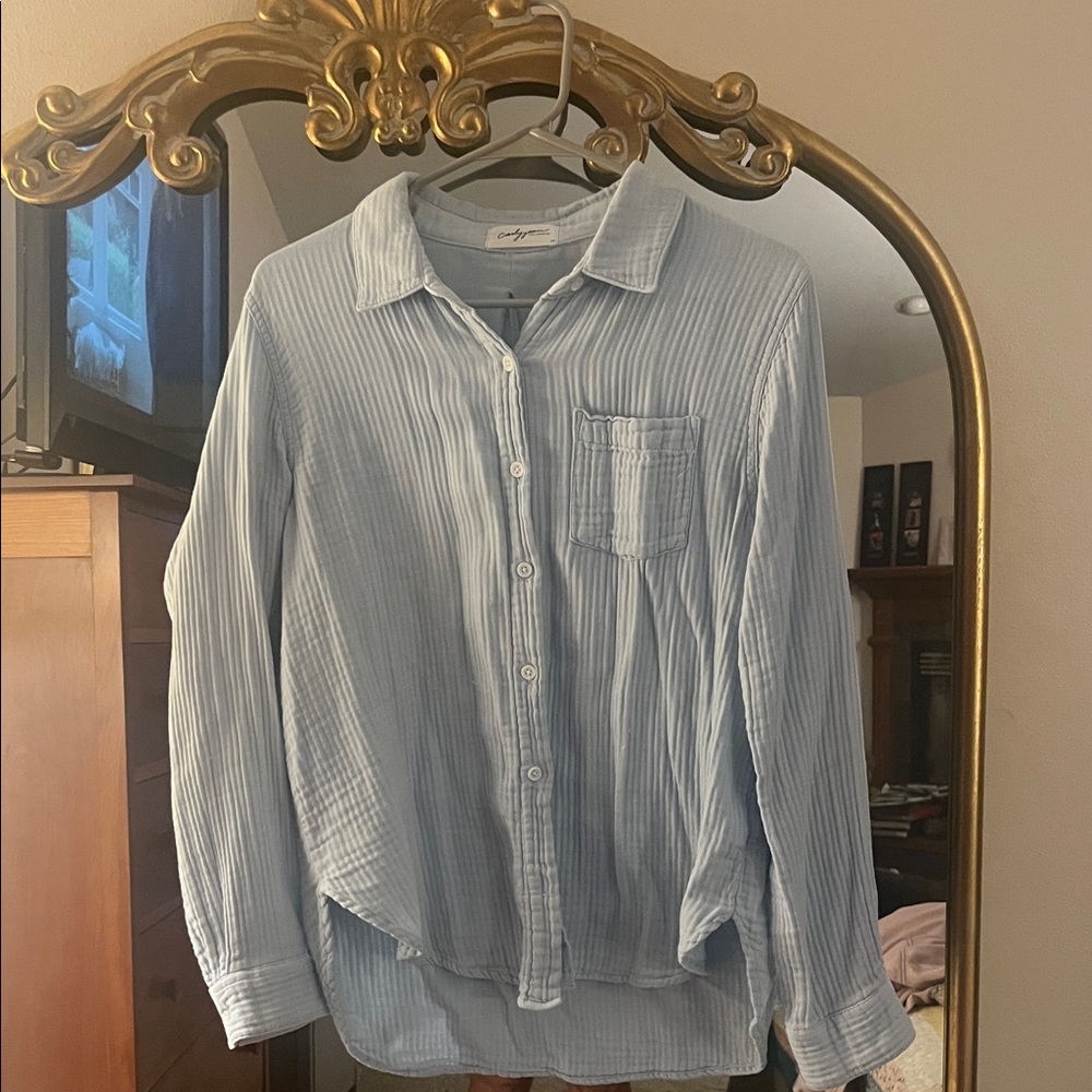 Carly Jean Los Angeles Light Blue Gauzy Button-Up Shirt, Size Medium